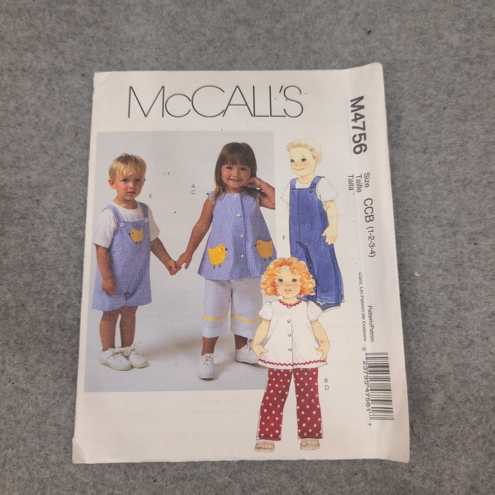 McCalls M4756 Toddlers Tops Pants Jumpsuit Sewing Pattern Size 1-2-3-4 Uncut - Picture 1 of 2